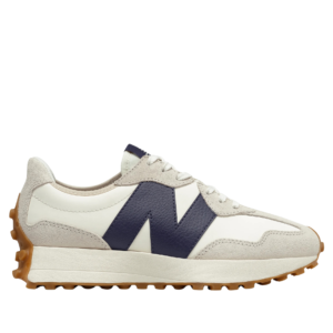 New Balance 327 Blancas y Beige con Logo Azul Marino
